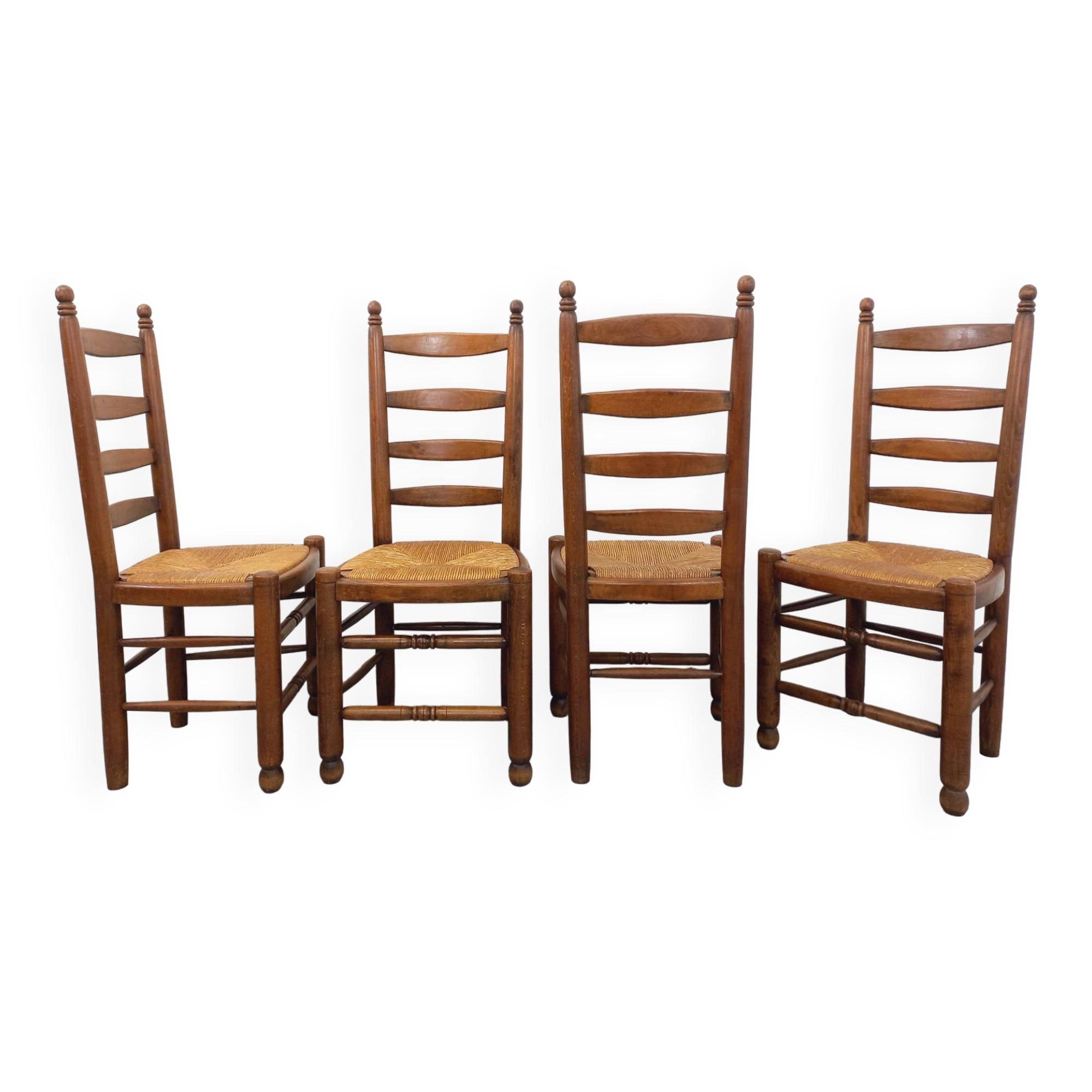 Set of 4 vintage brutalist Charles Dudouyt chairs in wood and straw from the 60s