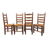 Set of 4 vintage brutalist Charles Dudouyt chairs in wood and straw from the 60s