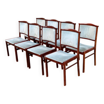 8 Scandinavian chairs in solid teak and blue velvet from the 1960s