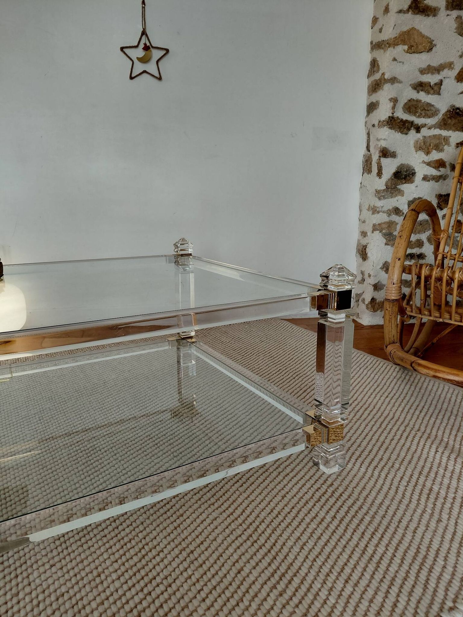 Large Hollywood Regency coffee table Lucite Brass double top 70s