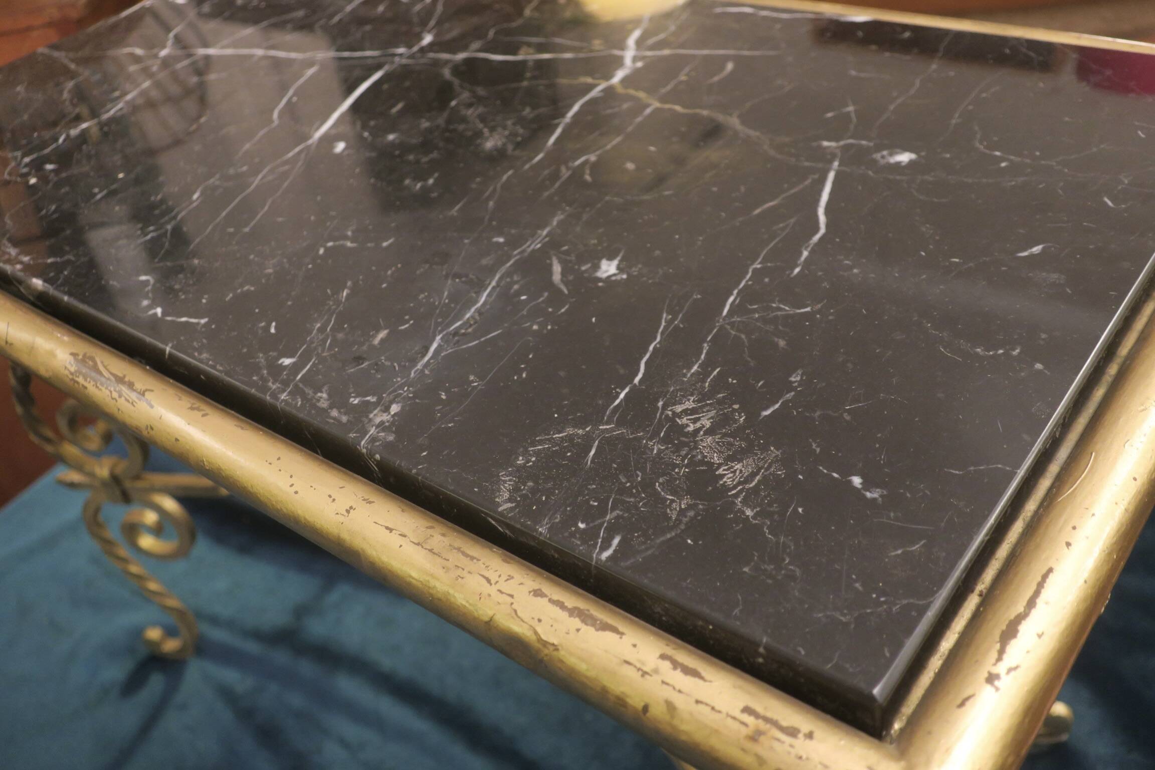 Wrought iron and veined marble coffee table, 1940s-50s