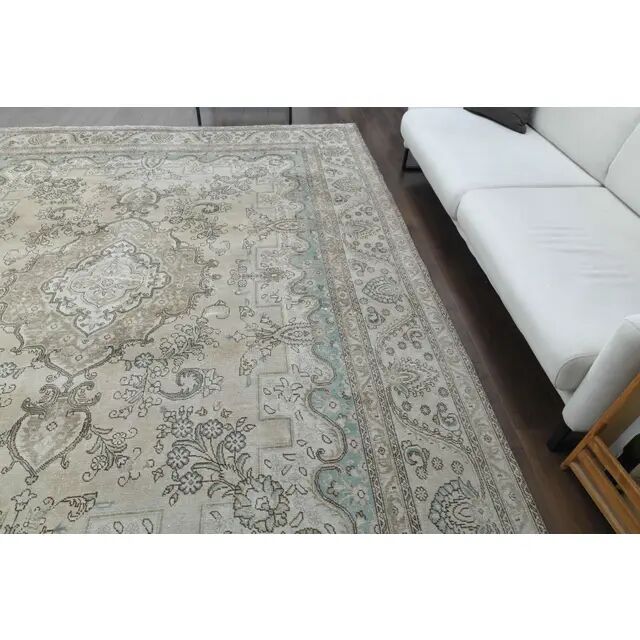 Tapis d'aire vintage persan fait main en laine et coton beige des années 1970 285x362