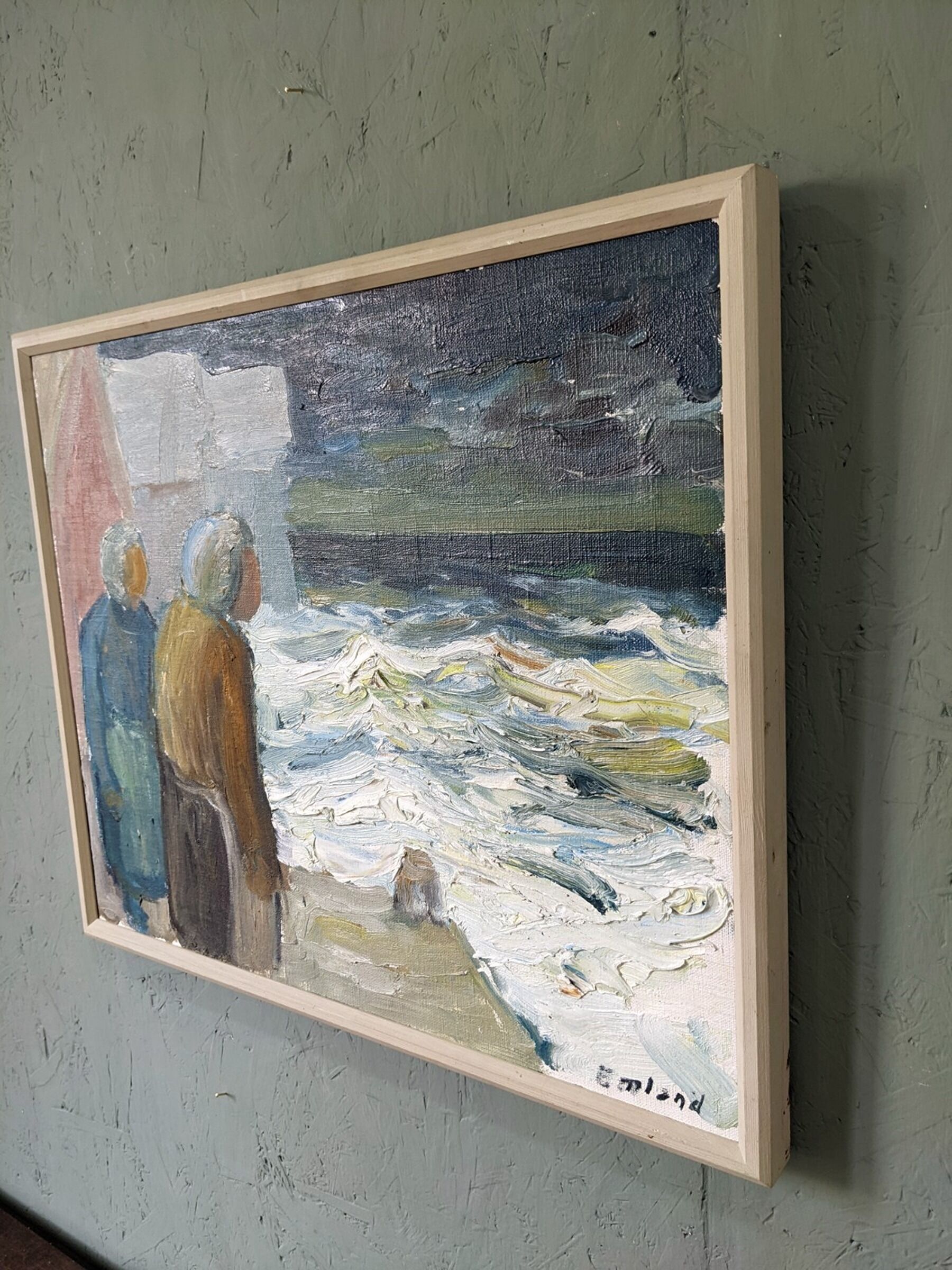 Mid-Century Modern Swedish "Watching the Storm" Vintage Expressive Seascape Oil Painting, Framed