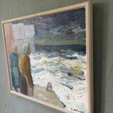 Mid-Century Modern Swedish "Watching the Storm" Vintage Expressive Seascape Oil Painting, Framed