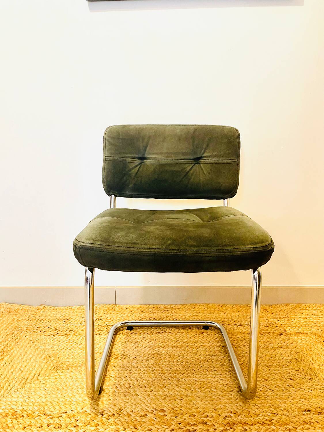 Vintage Roche Bobois chair in green suede Year 1970