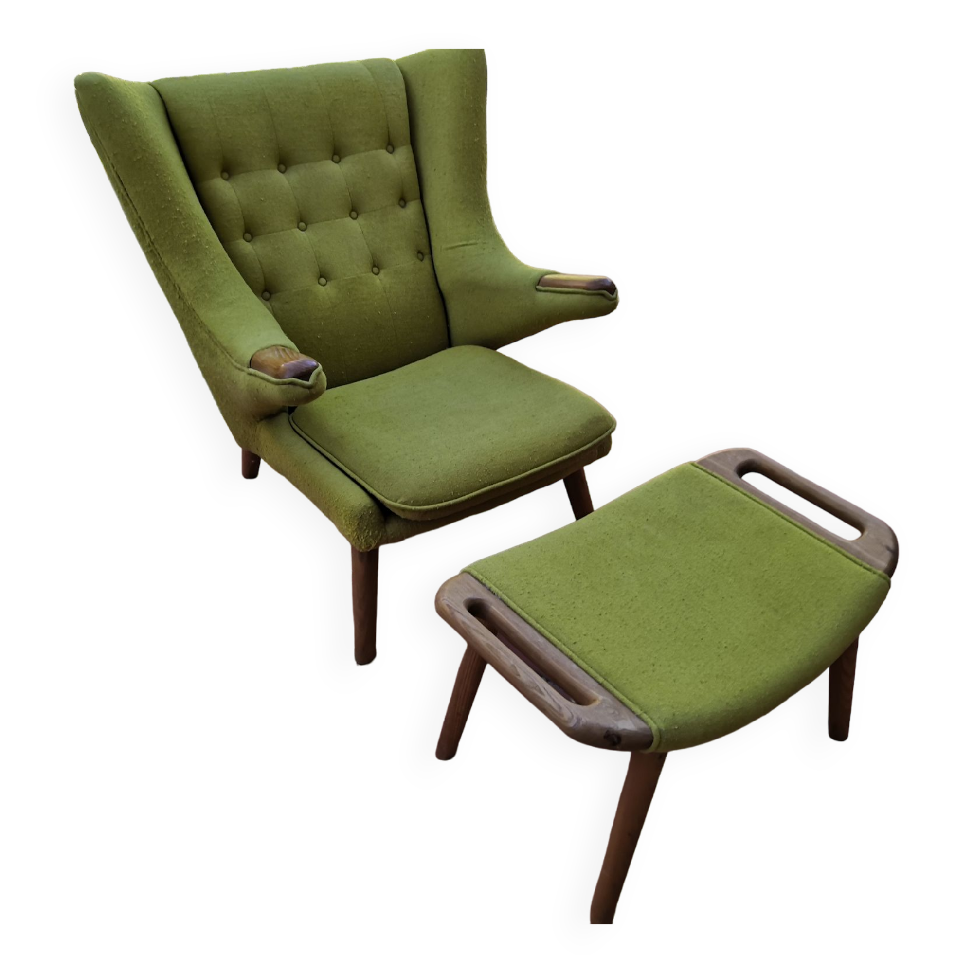 Fauteuil et repose-pieds vintage Papa Bear en tissu bouclette vert et chêne 1950