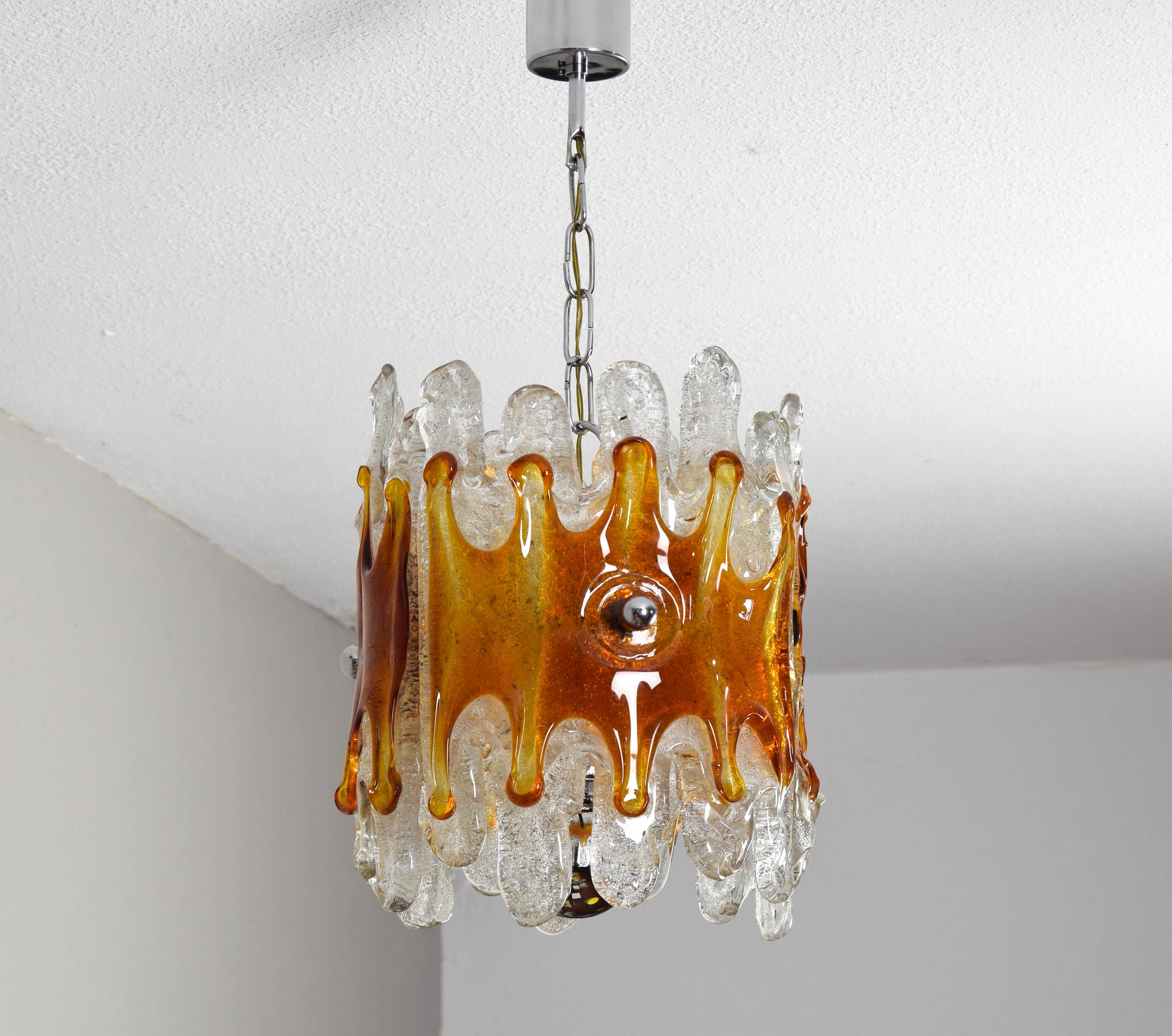 Murano Chandelier Amber and Clear Lava Mazzega Italian Mid Century 60s