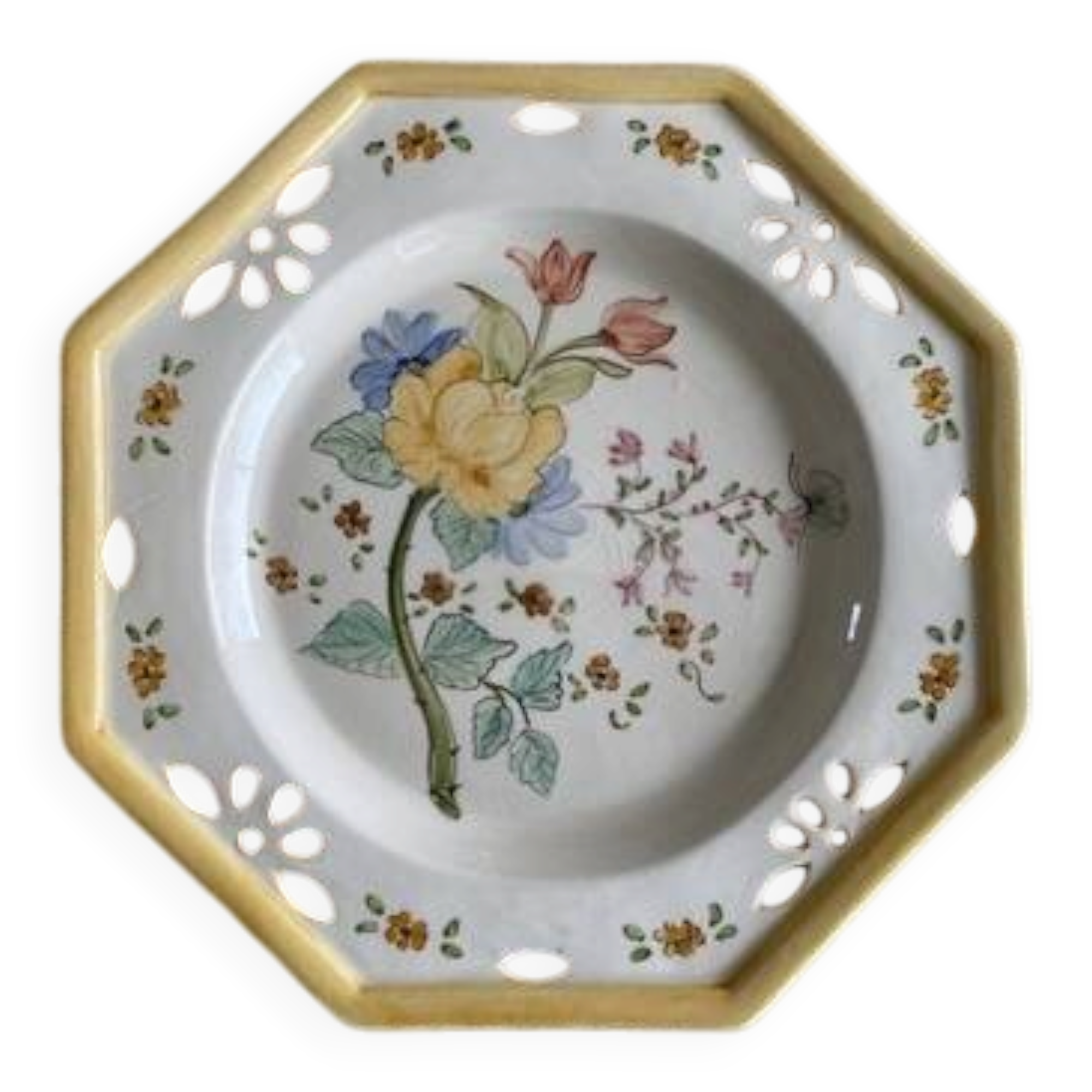 Antique plate with hand-painted floral decoration - 29 cm - yellow