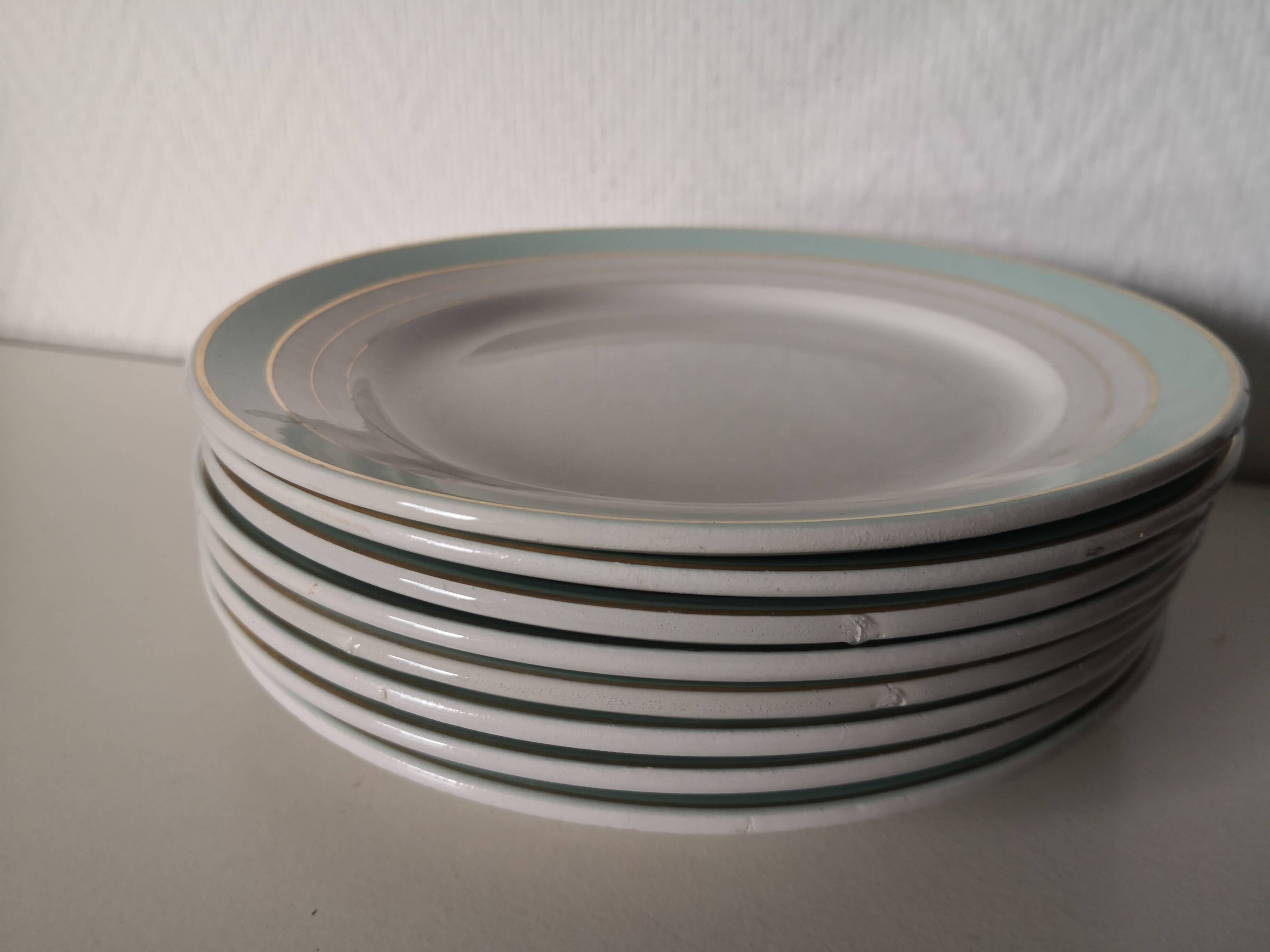 set of 8 Lunéville dessert plates, Regency model, green, white and gold