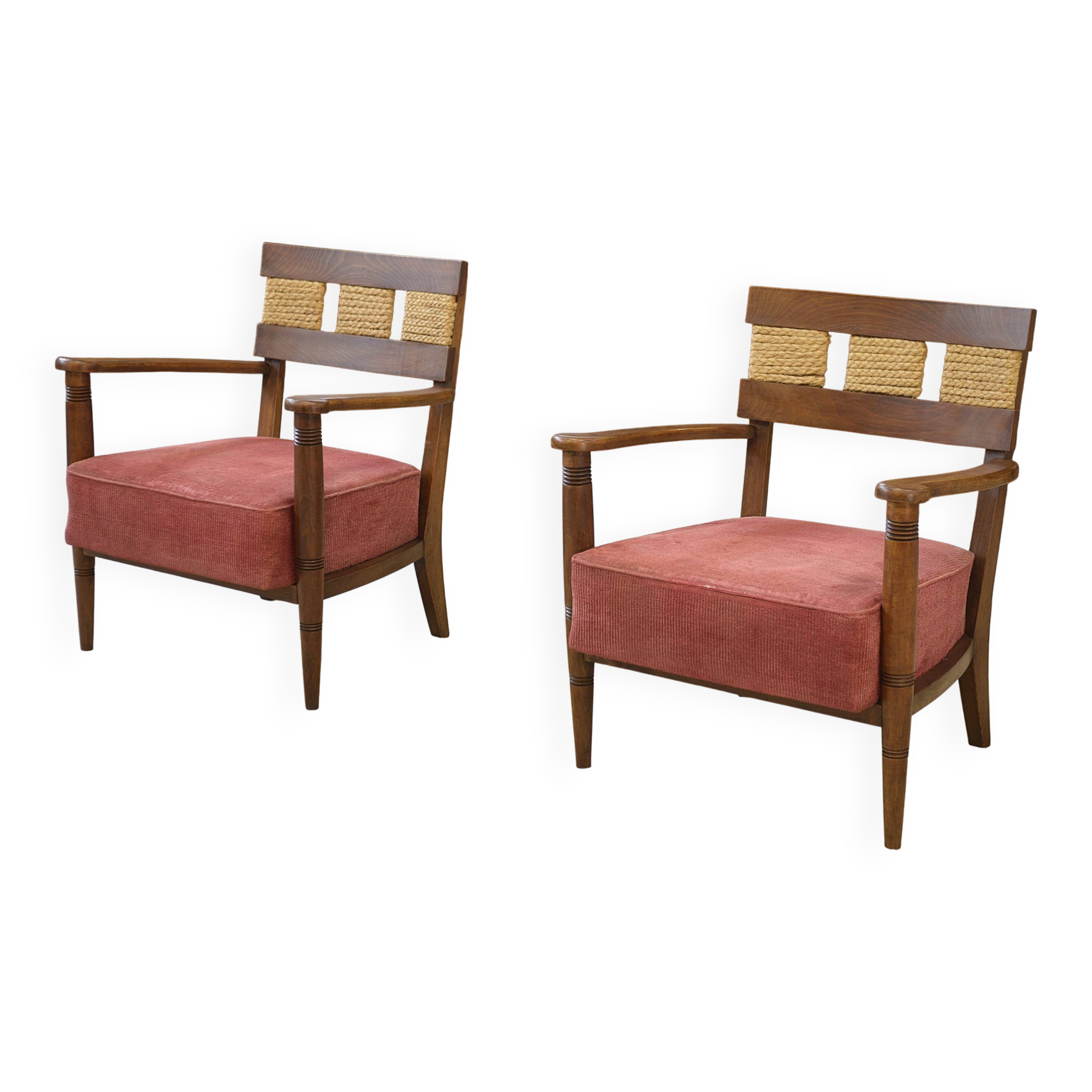Brutalist pair of armchairs attributed to Audoux Minet, 1950s.