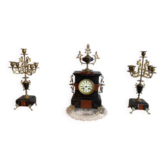 Mantel clock and its two candlesticks