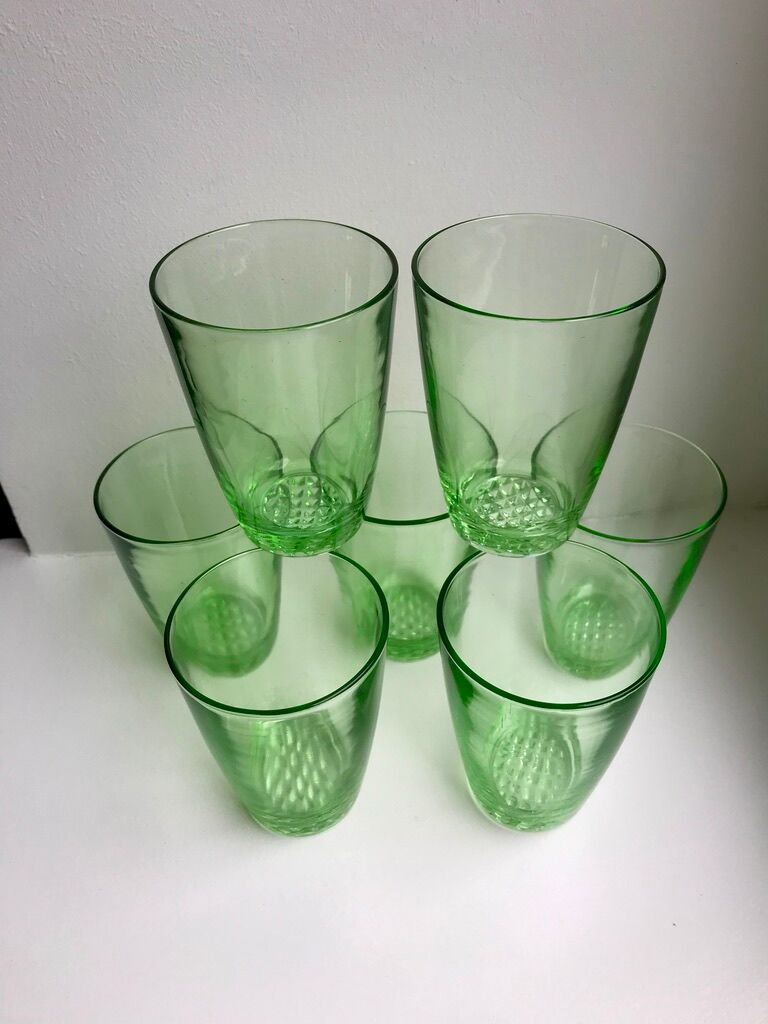 set of 7 water glasses Made in France green glass 70s