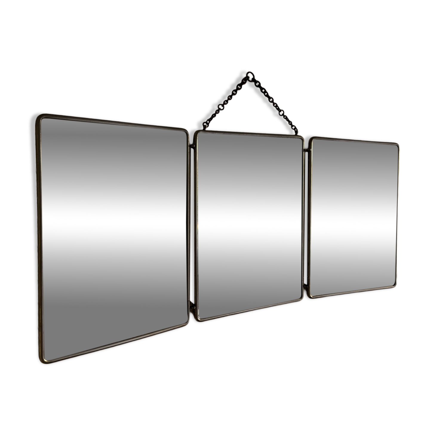 Vintage 1930s triptych barber mirror in black faux crocodile leather - 33 x 84 cm