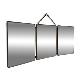 Vintage 1930s triptych barber mirror in black faux crocodile leather - 33 x 84 cm