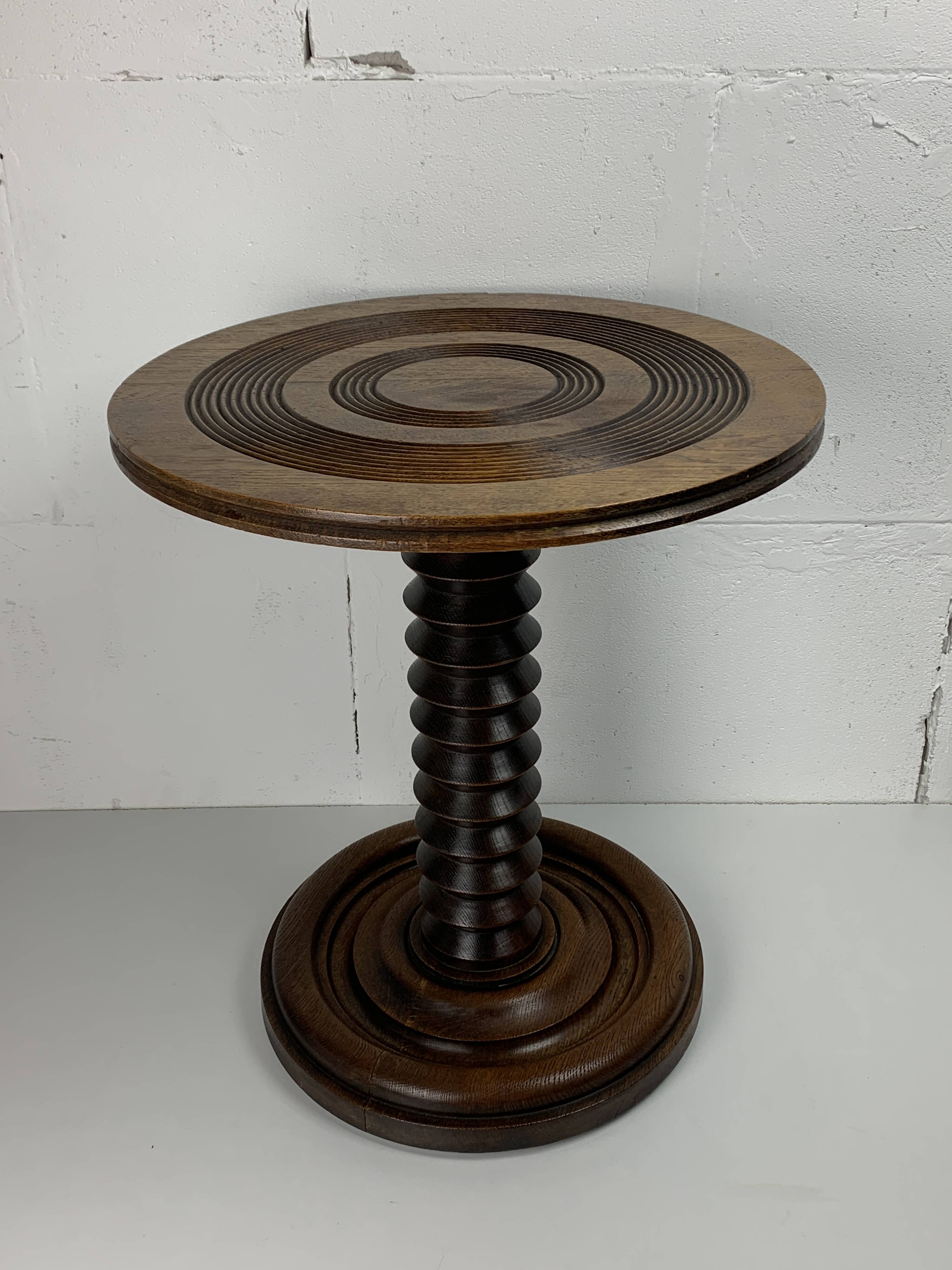 Brutalist Wood Turned Wine Press Side Table in the style of Charles Dudouyt
