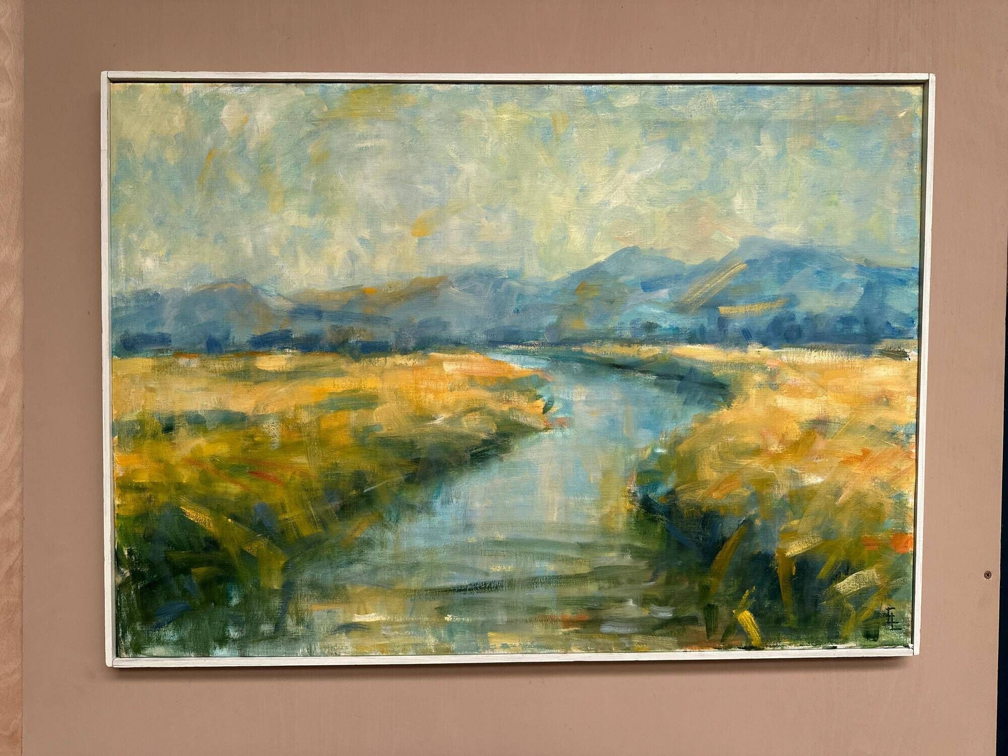 Original Swedish Oil on Canvas – “River Landscape with Mountains”  Vintage