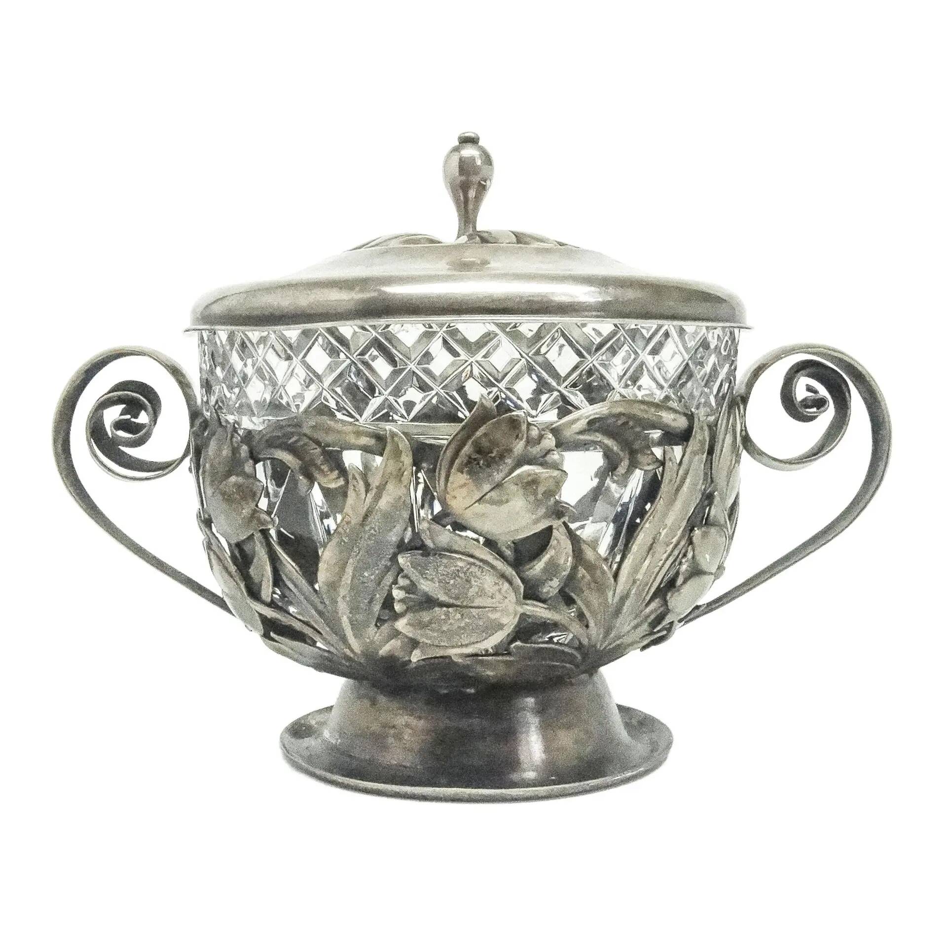 Art Nouveau sugar bowl, silver-plated brass, Poland, 1920s