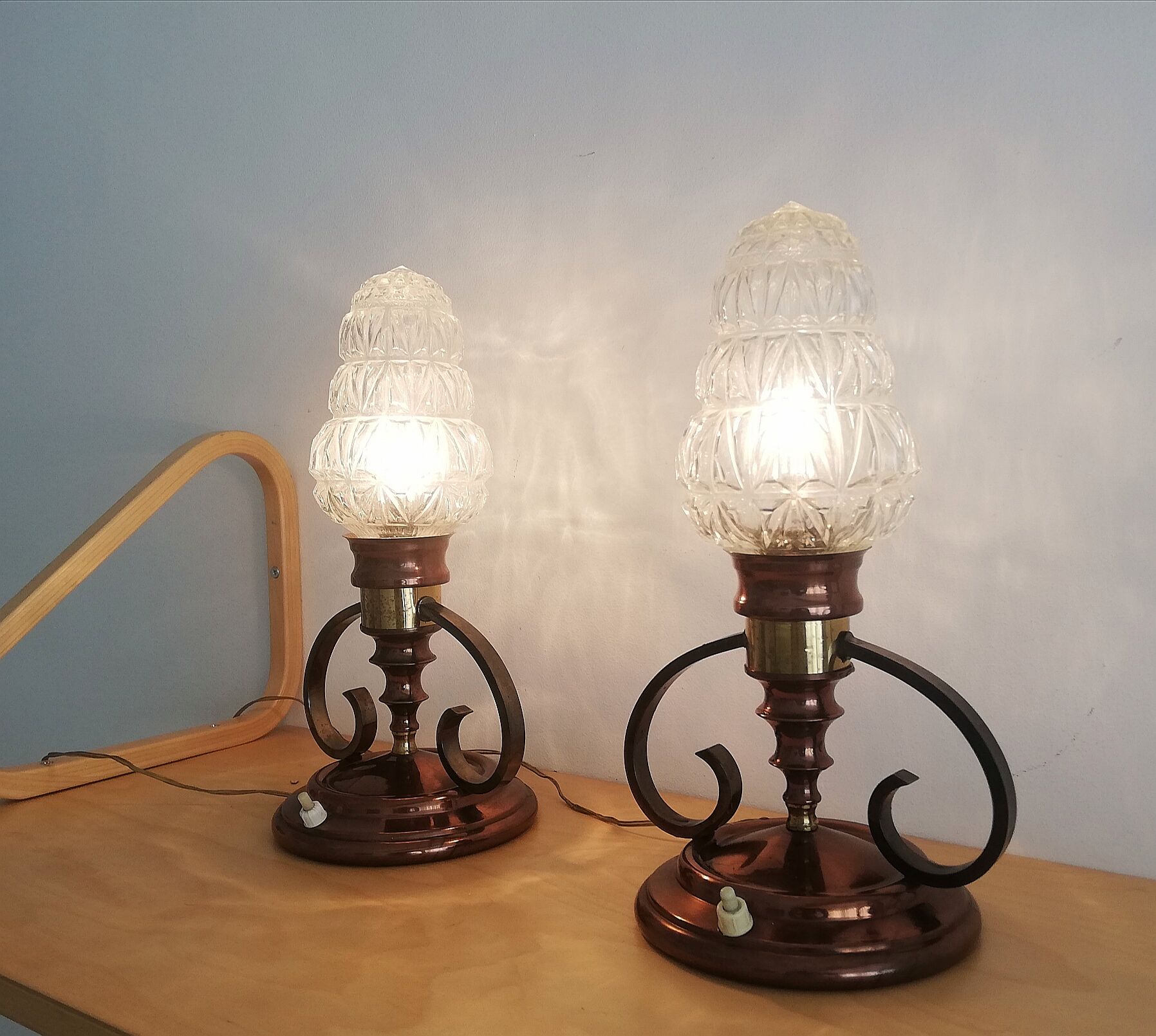 Pair of Ar Nouveau style copper and crystal table lamps vintage 1950s 50s