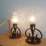 Pair of Ar Nouveau style copper and crystal table lamps vintage 1950s 50s