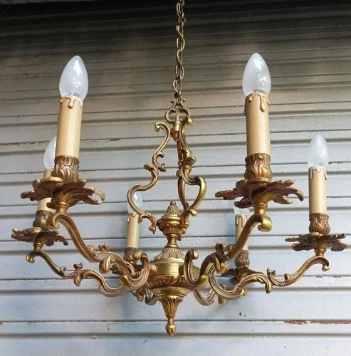 Antique cage chandelier in bronze, 6 lights, Louis XV style, in working condition, 4.8 kg.