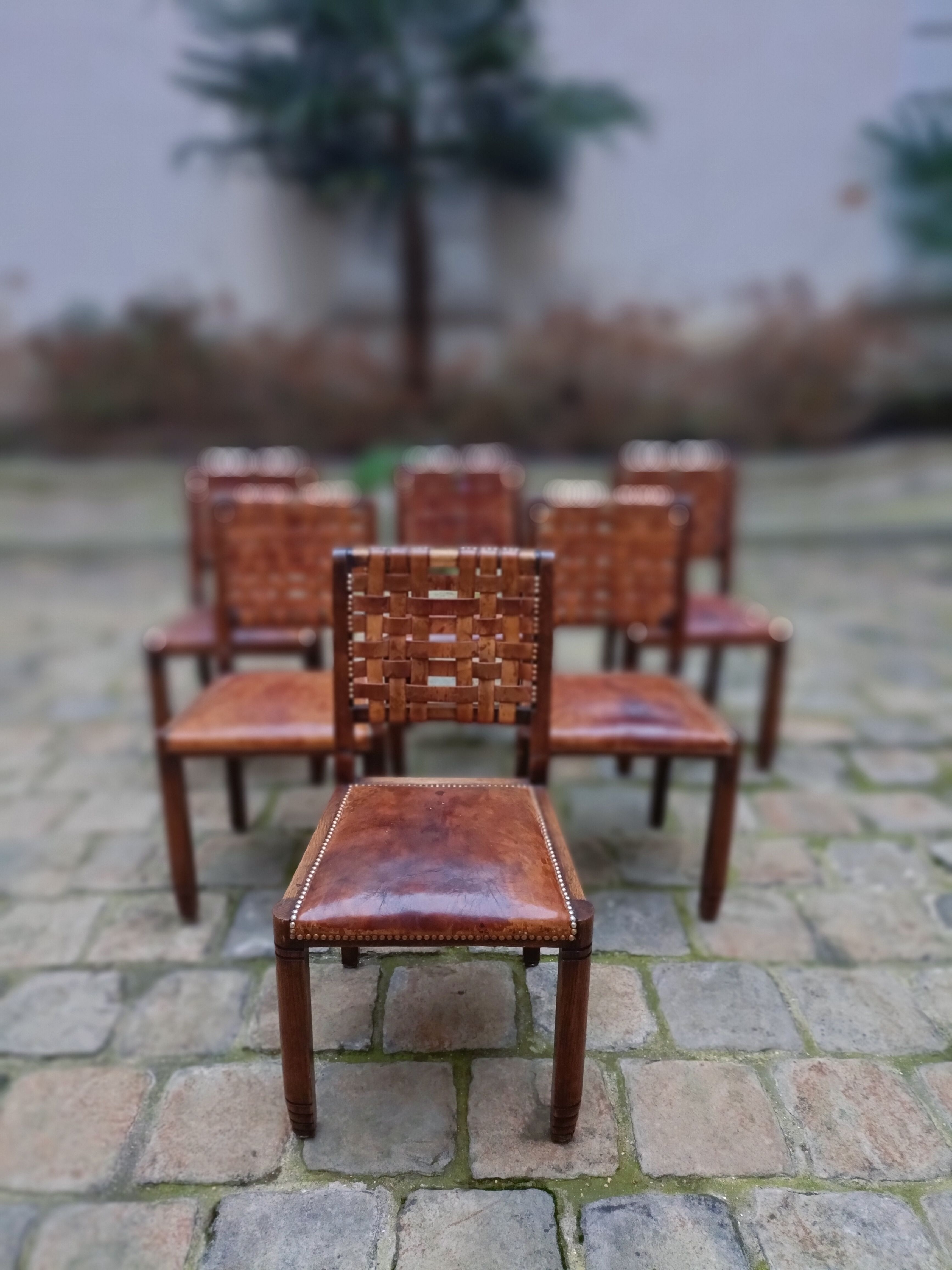 6 chairs brutalist 50s leather and wood