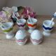 Set of 4 egg cups with spoons, colourful vintage salt and pepper shakers.