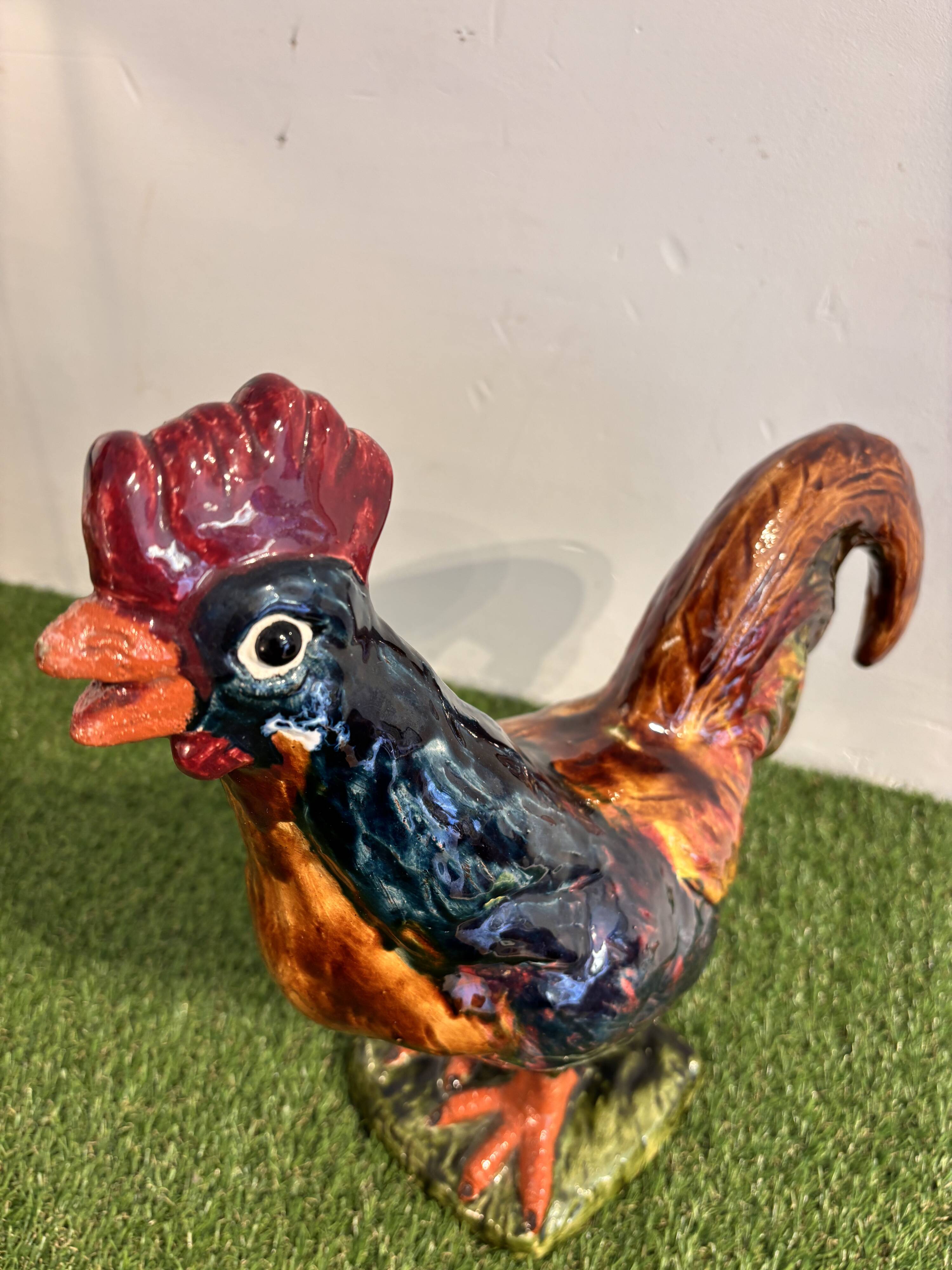 Ceramic sculpture of a rooster from Bavent, glazed terracotta, 1960.