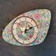 Vintage formica clock silent asymmetrical wall pendulum "Flowered blue purple"