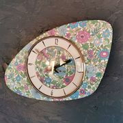 Vintage formica clock silent asymmetrical wall pendulum "Flowered blue purple"