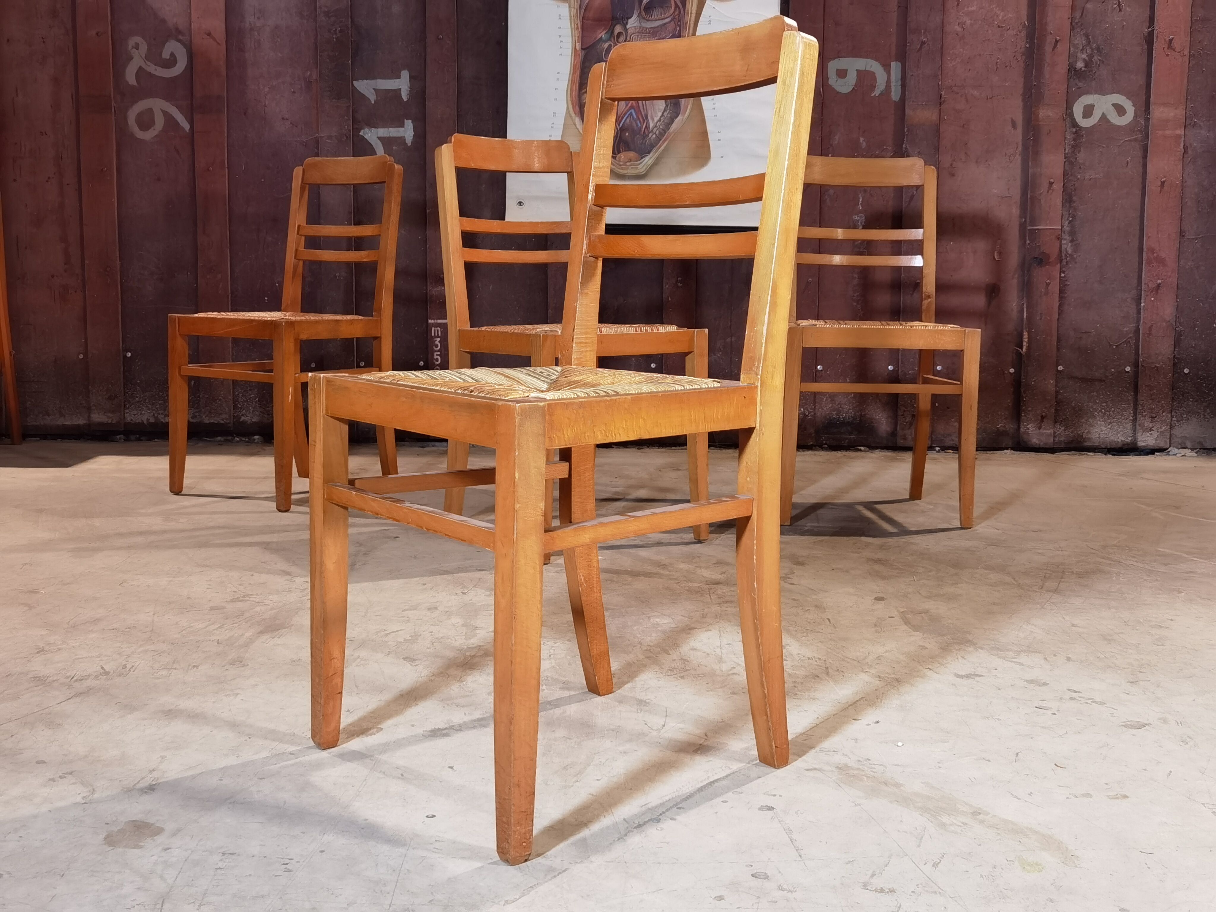 Set of 4 straw and wood chairs