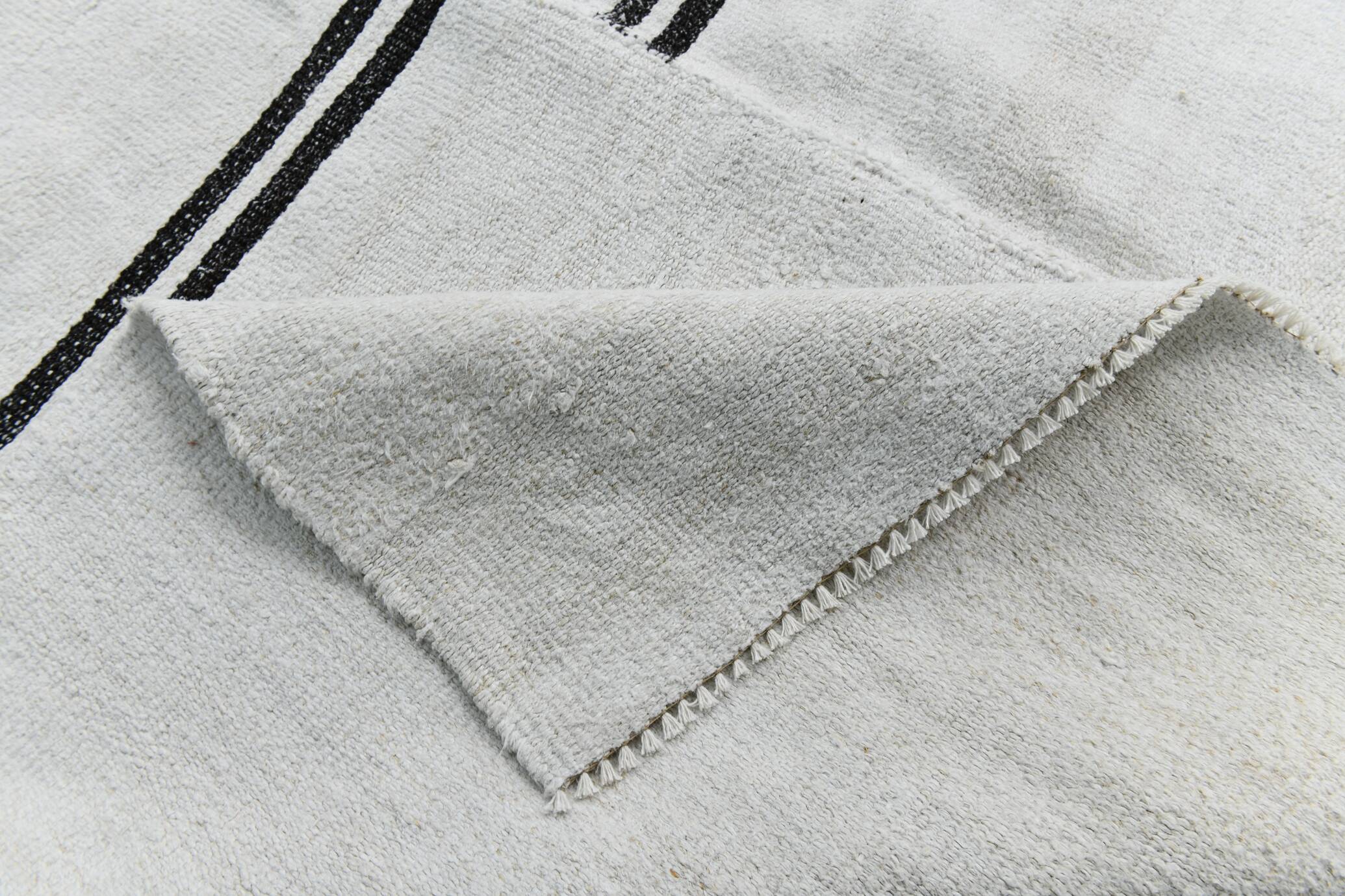 %100 Wool Beige & Black Striped Vintage Kilim Rug, 309x366 Cm