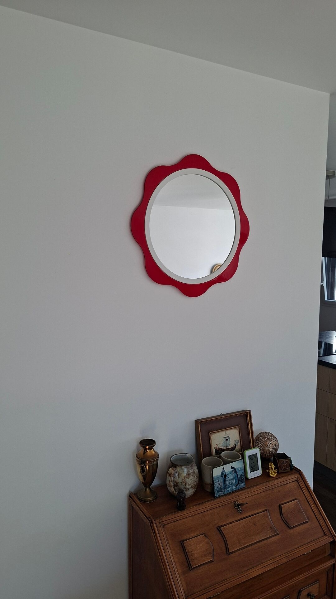Round wall mirror 53 cm red/white vintage 1960s/70s