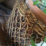 Two pot covers in Wicker, rope and wood.
