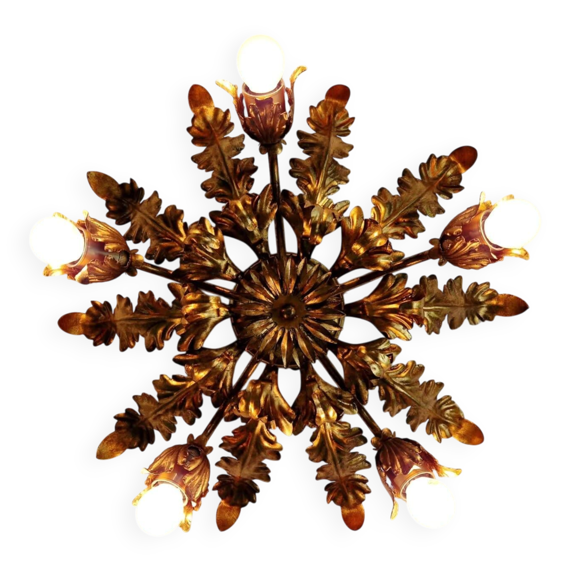Italian floral ceiling light in gilded metal, 1970s.