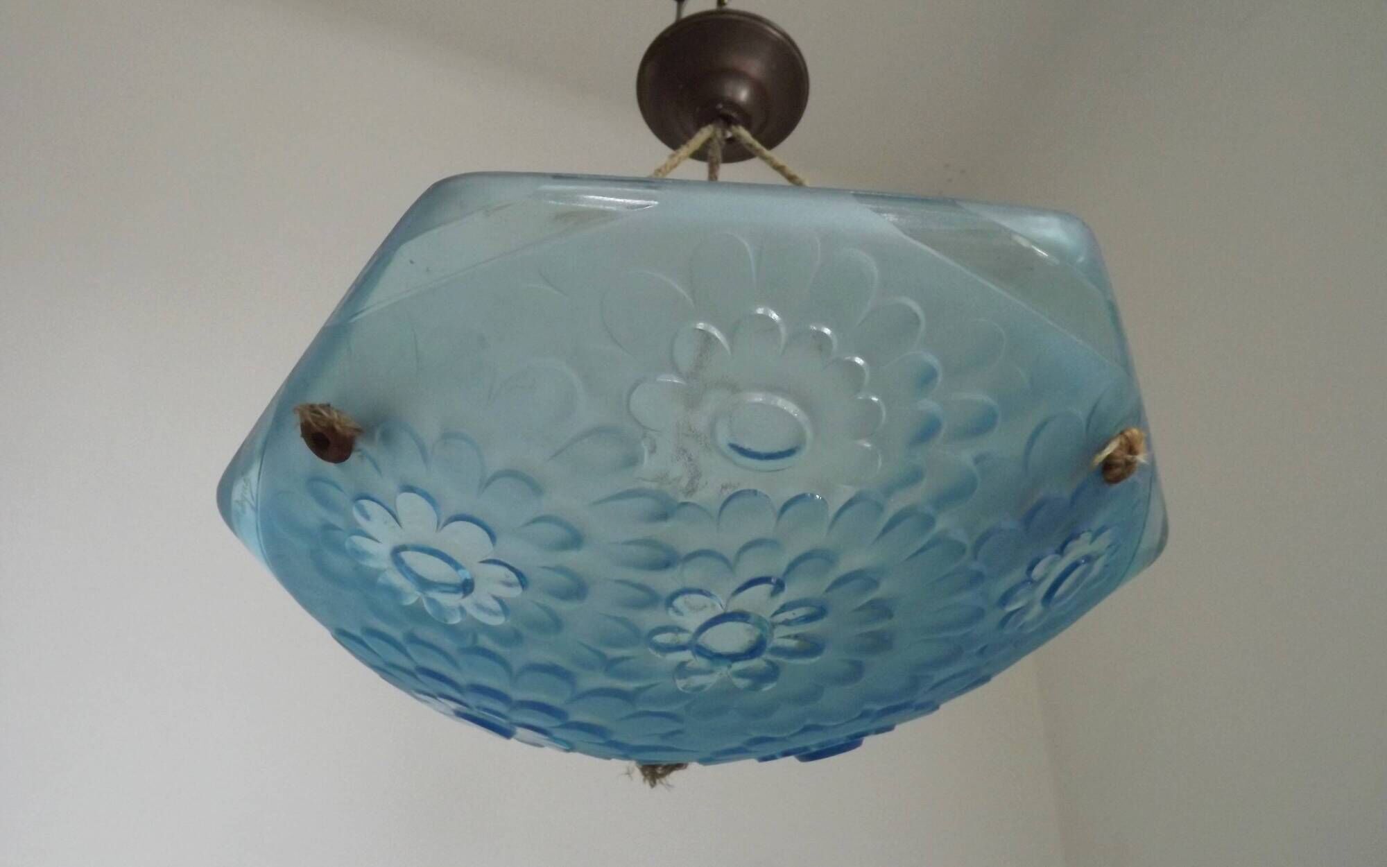 French Art Deco Degué Ice Blue Hexagonal Glass Pendant Ceiling Light