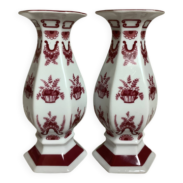 Pair of hexagonal burgundy candlesticks