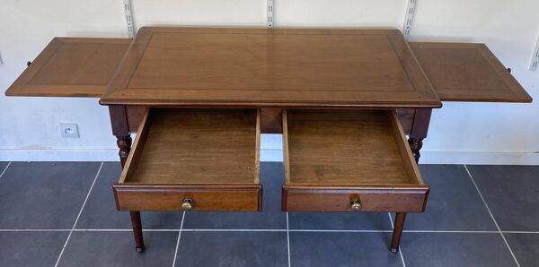 Bureau ancien merisier et marqueterie 2 tiroirs et 2 tablettes 112x60 h76cm
