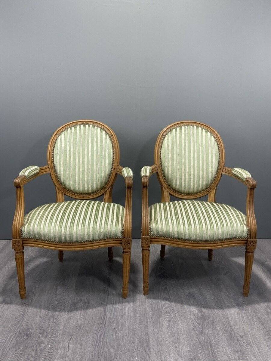 Pair of Louis XVI Style Armchairs with Green Striped Fabric 20th Century