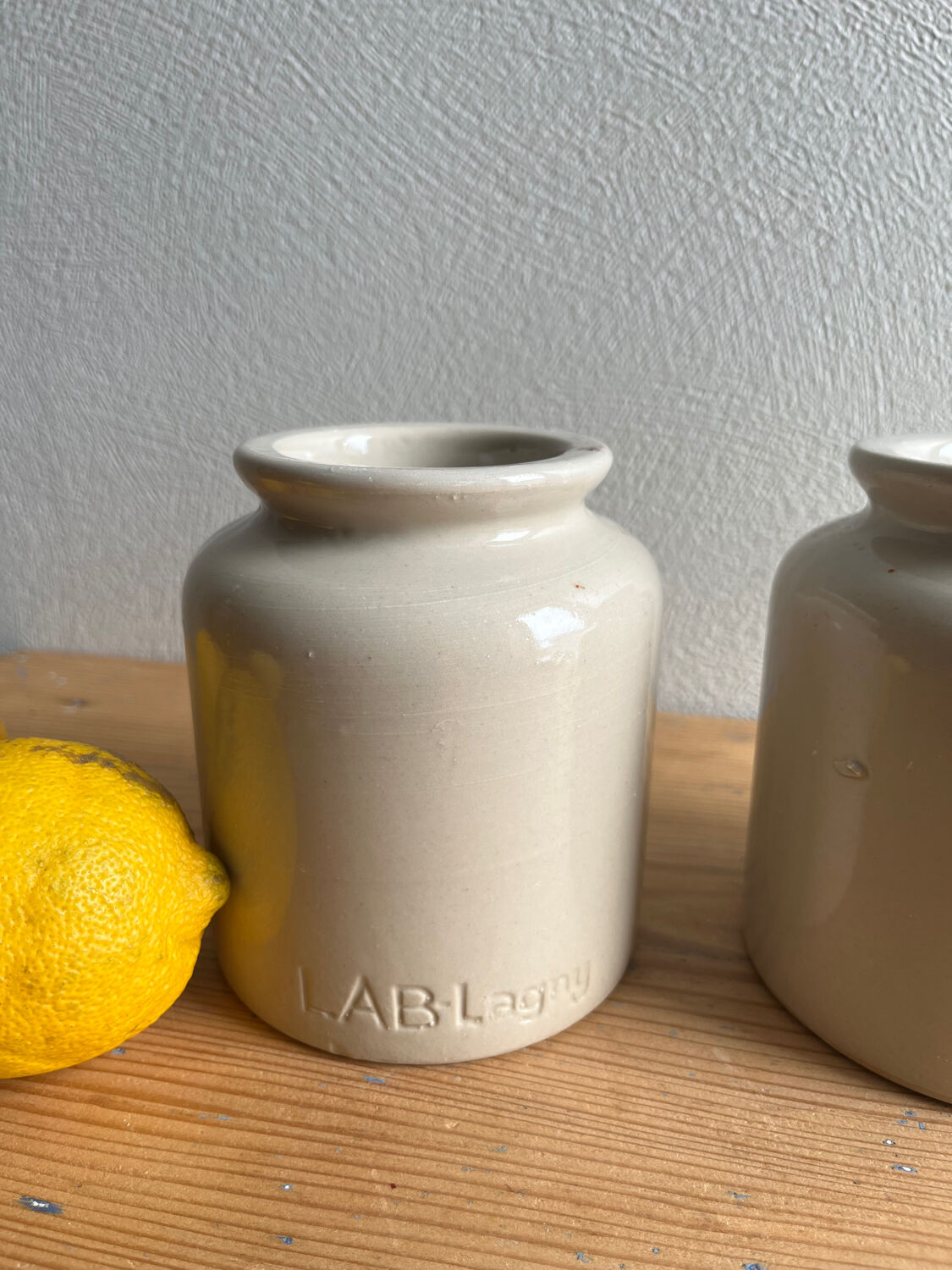 Old glazed stoneware mustard pots