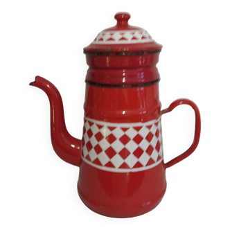 Cafetière émaillée ancienne motif damier rouge et blanc