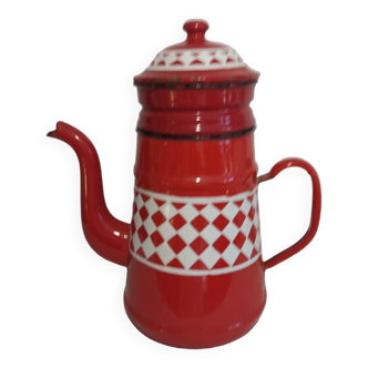 Old red and white checkerboard pattern enamelled coffee maker