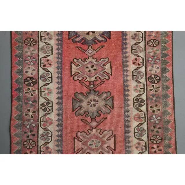 1970s Vintage Turkish Handmade Wool & Cotton Pink Runner Rug 82x359