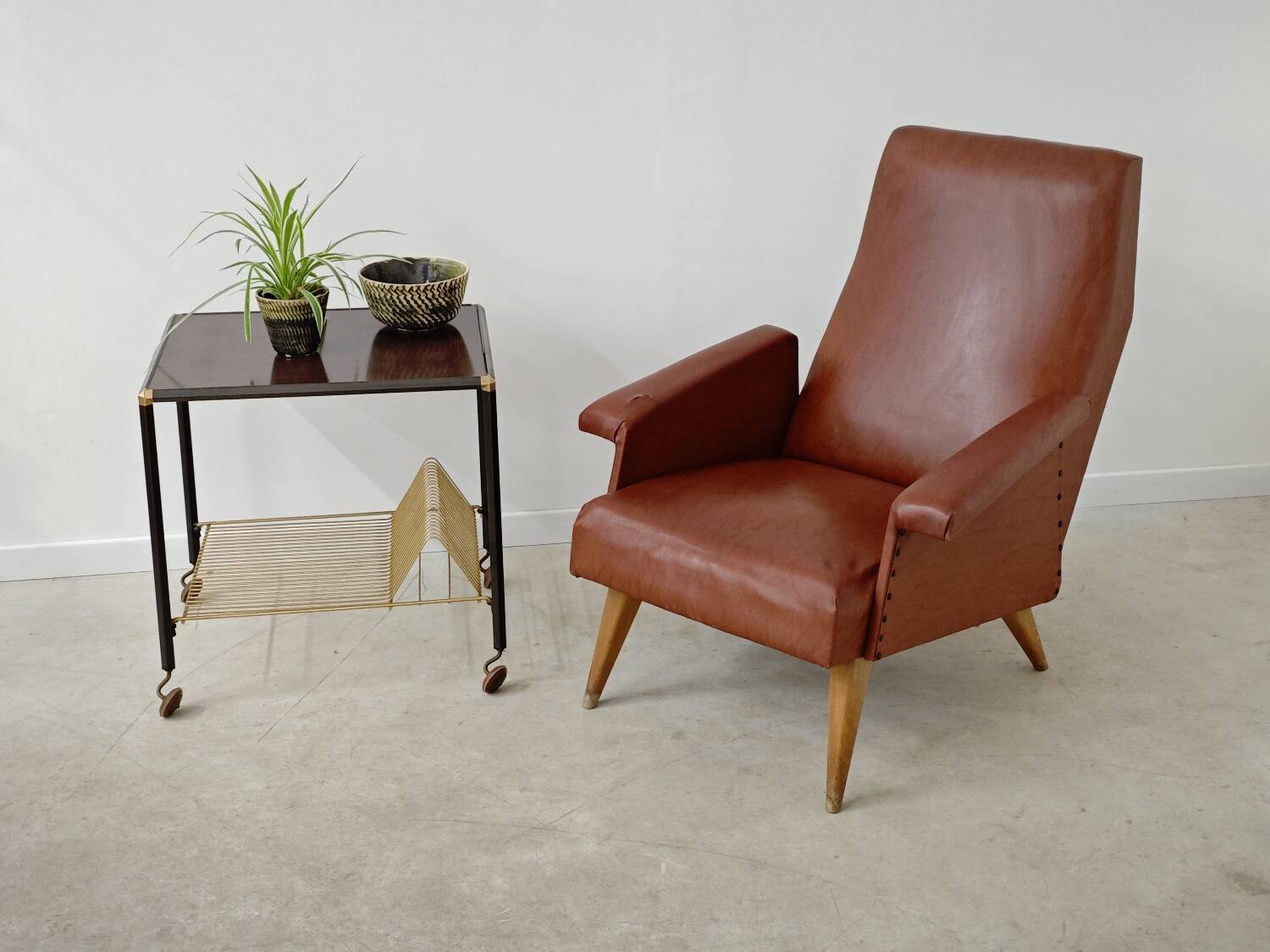 Camel brown imitation leather armchair, France 1960