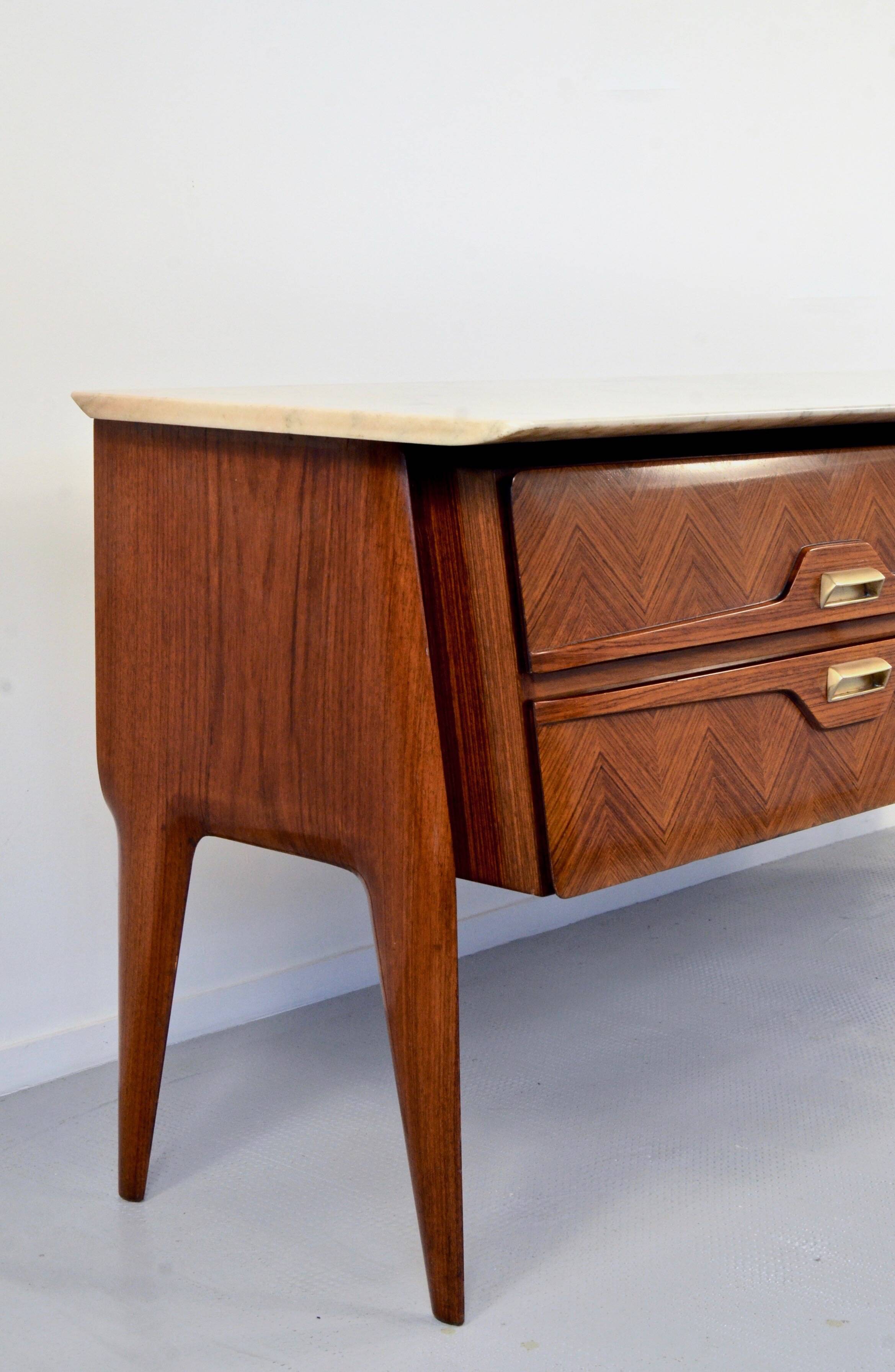 Italian Midcentury Sideboard in Rosewood, Carrara Marble and Brass