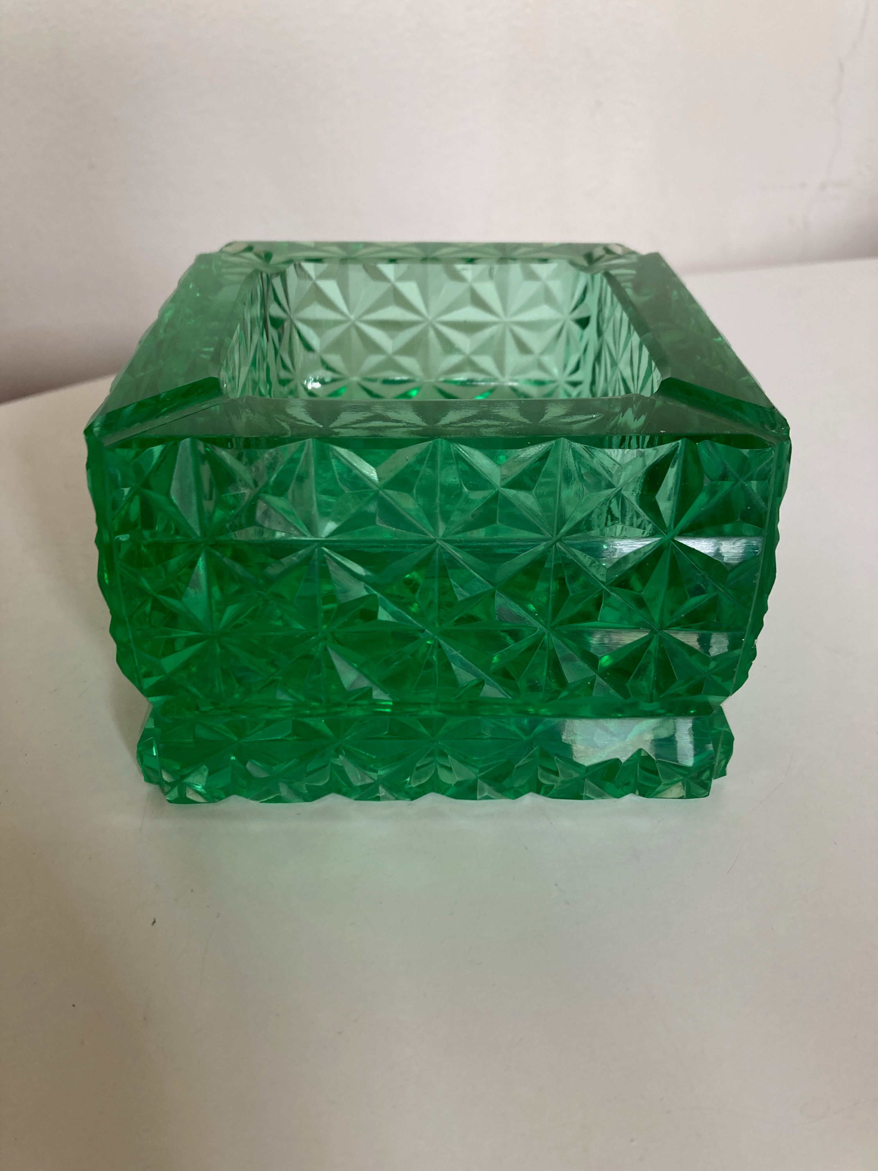 Green diamond cut glass ashtray 1980