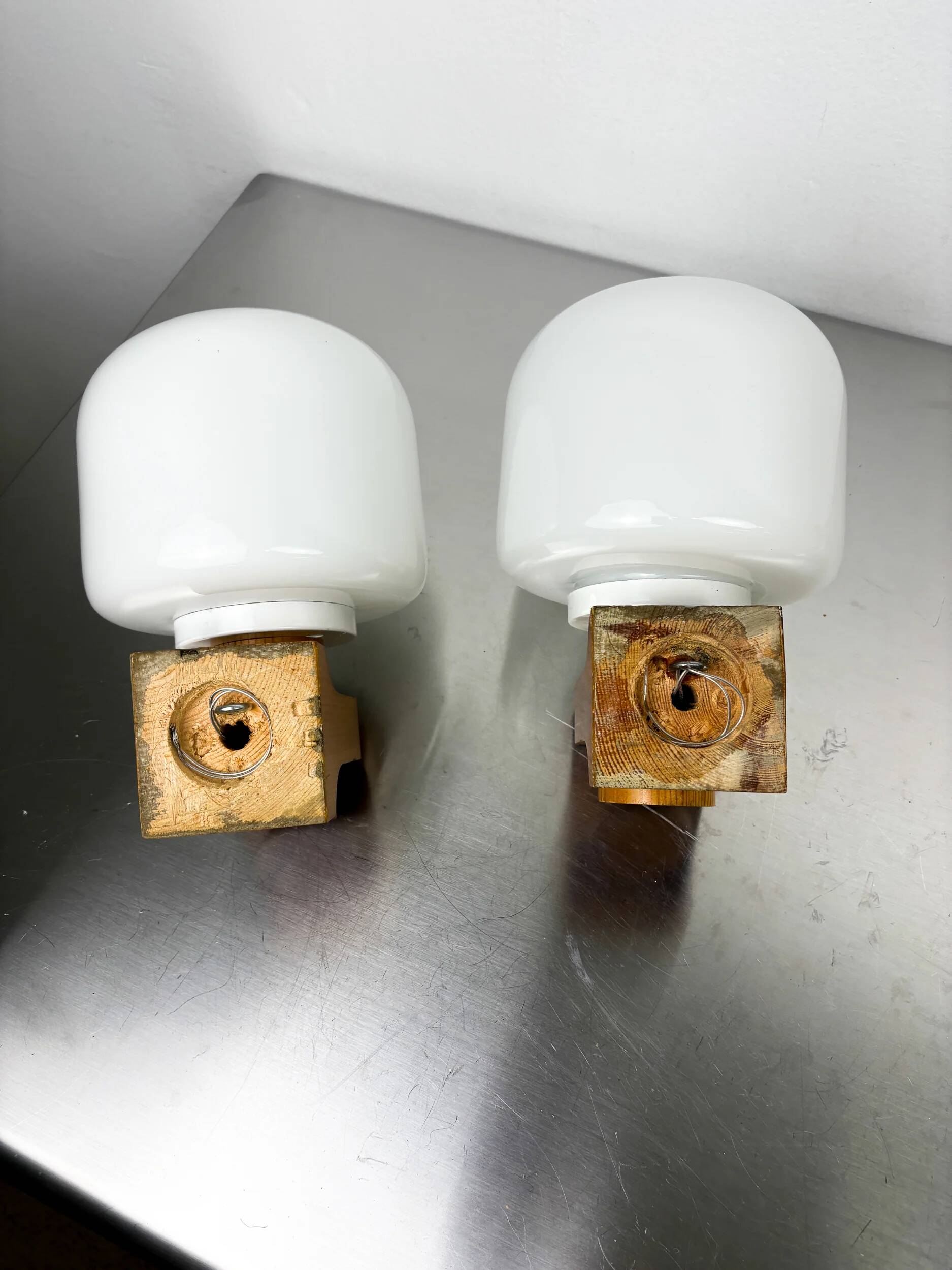 Pair of Nordic pine wood & opaline wall lights – Denmark 1970s