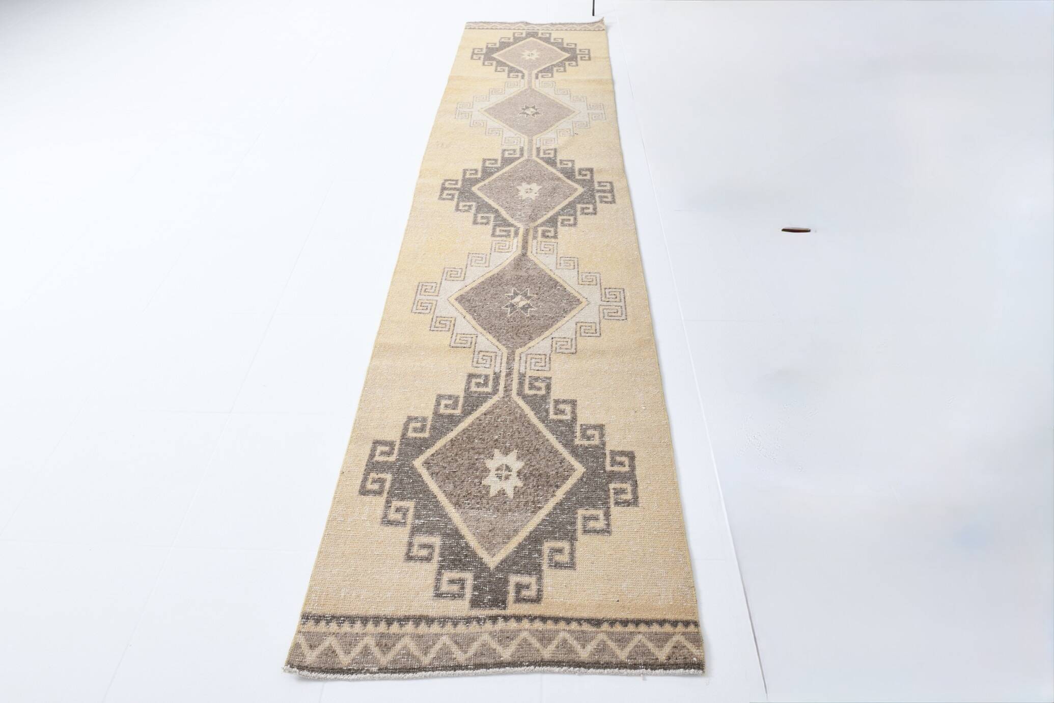 Cream Brown Oriental Turkish Runner Rug, 80x373Cm
