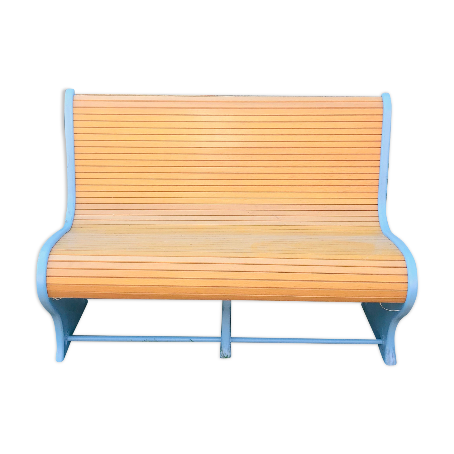 Vintage blue painted wood bench and wooden slats