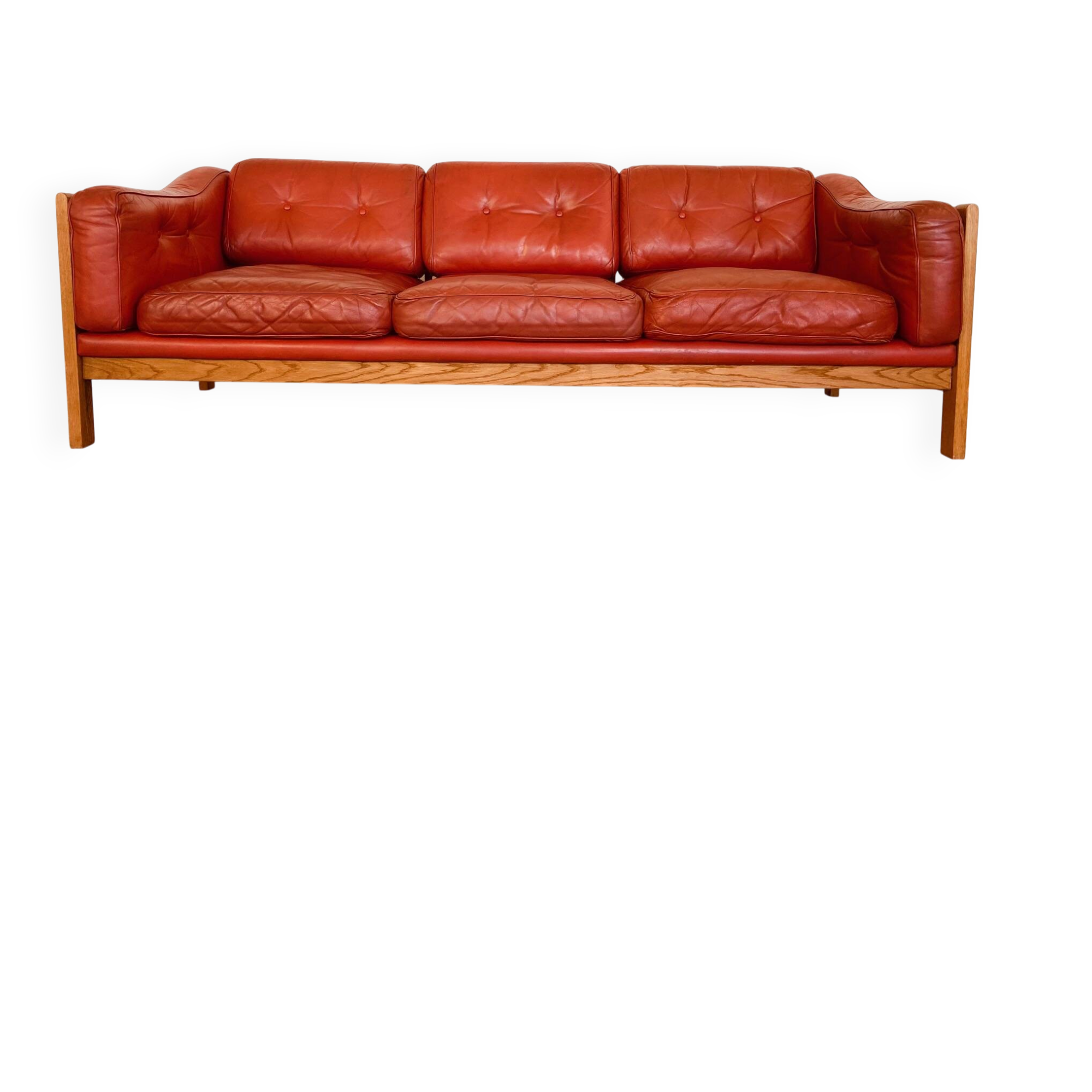 Canapé vintage suédois des années 70 en cuir cognac pour 3 personnes.