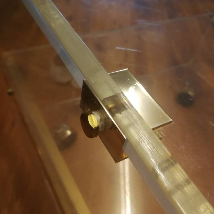 David Lange designer coffee table, plexiglass and gold metal, sliding top